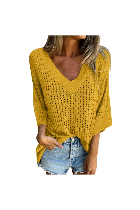 Women's V Neck Knit Sweater Long Sleeve Pullover Hollowed out Top Solid Color Loose Going out Sweaters