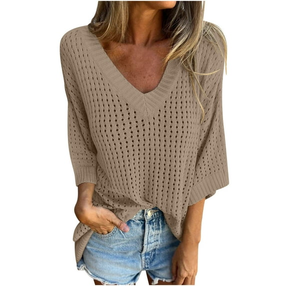 GigrtiJin Women's V Neck Knit Sweater Long Sleeve Pullover Hollowed out Top Solid Color Loose Going out Sweaters