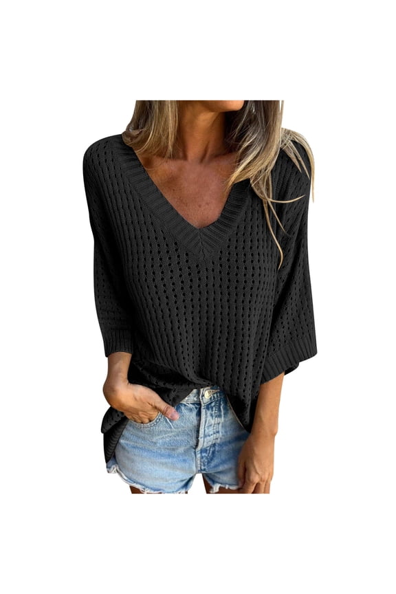 Women's V Neck Knit Sweater Long Sleeve Pullover Hollowed out Top Solid Color Loose Going out Sweaters