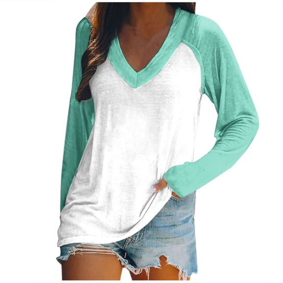 GigrtiJin Women's V Neck Shirts Casual Long Sleeve Patchwork Pullover Tops Ladies Loose Comfy Fashion Blouses