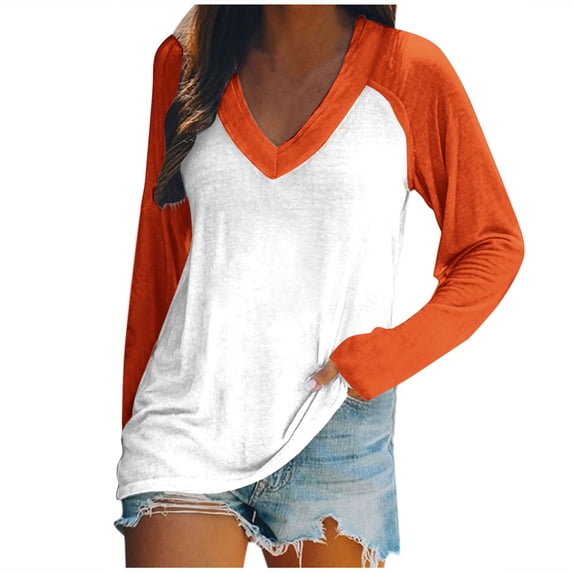 GigrtiJin Women's V Neck Shirts Casual Long Sleeve Patchwork Pullover Tops Ladies Loose Comfy Fashion Blouses