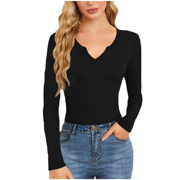 GigrtiJin Women's V-Neck Short Tops Long Sleeved Casual Fashion Blouses Fall Slim Solid Color Comfy Shirts