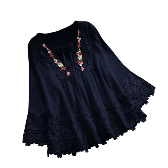 GigrtiJin Women's Vintage Lace Patchwork Shirts Casual Round Neck Long Sleeves Tops Fashion Loose Comfy Blouses