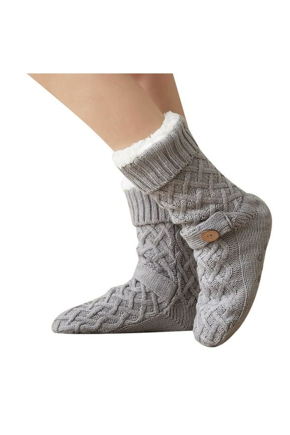 Women's Winter Fleece Mid Calf Socks Solid Color Cable Knitted Non Slip Socks with Button Thermal Comfy Socks