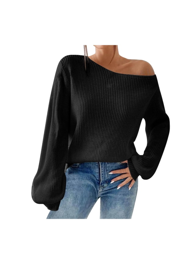 Women's off Shoulder Sweater Long Sleeve Loose Pullover Knitted Sweater Tops Solid Color Casual Comfy Blouse