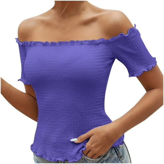 GigrtiJin Women's off Shoulder Tops Solid Color Short Sleeves Slim Blouse Casual Going out Basic Comfy Shirts