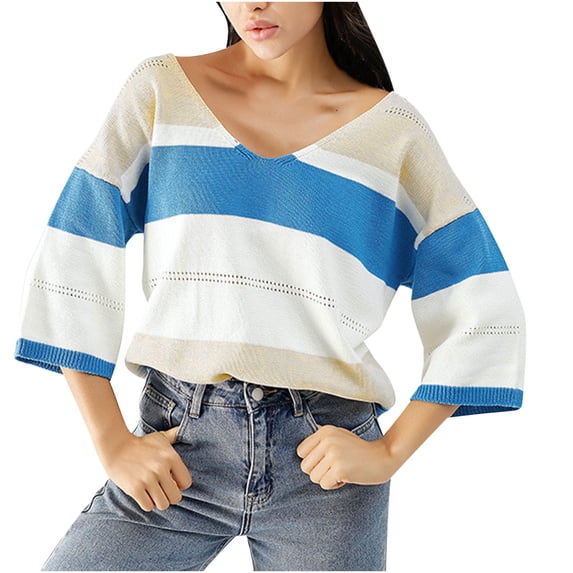 GigrtiJin Womens Striped Color Block Sweater Tops V Neck Casual Long Sleeves Loose Comfy Hollow out Sweaters