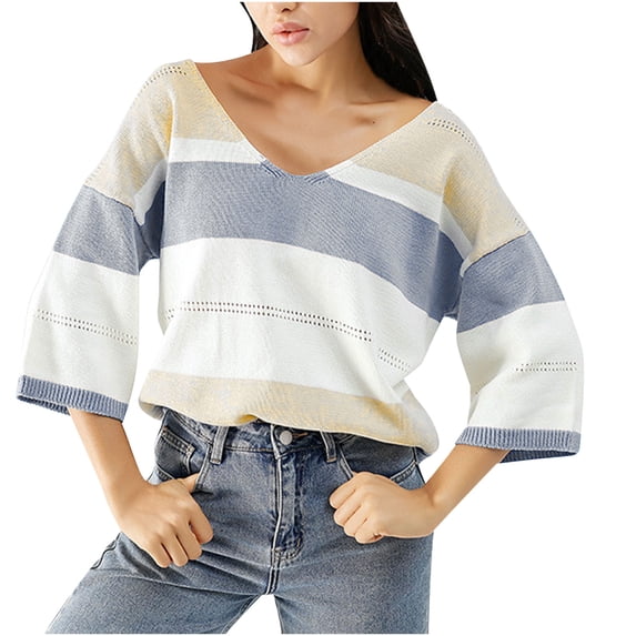 GigrtiJin Womens Striped Color Block Sweater Tops V Neck Casual Long Sleeves Loose Comfy Hollow out Sweaters