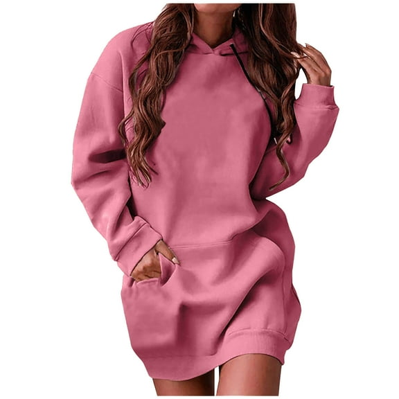 GigrtiJin Womens Fall Hooded Sweatshirt Dress Trendy Casual Long Sleeve Solid Color Pullover Short Dress