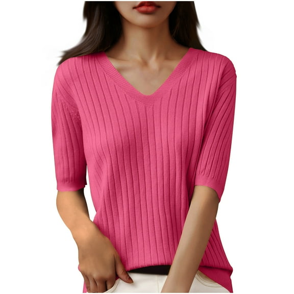 GigrtiJin Womens Spring Summer Blosue V-Neck Half Sleeve Solid Color Basic Shirts Comfy Casual Pullover Tops