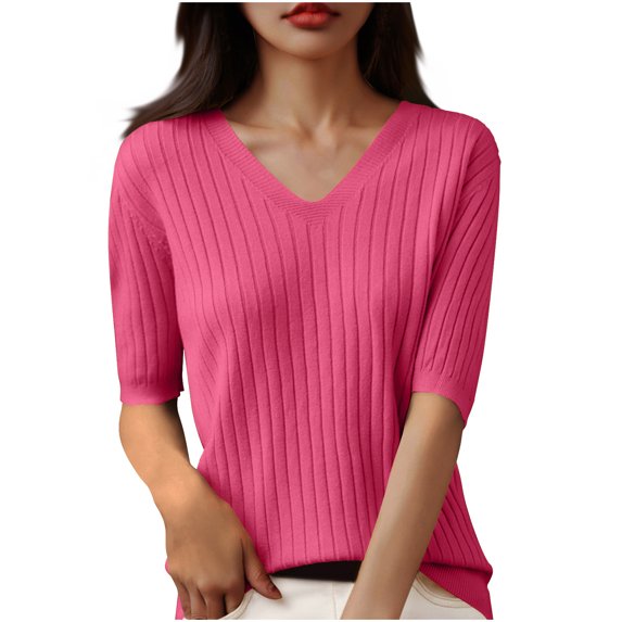 GigrtiJin Womens Spring Summer Blosue V-Neck Half Sleeve Solid Color Basic Shirts Comfy Casual Pullover Tops