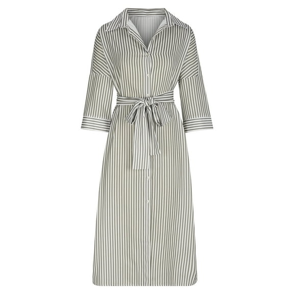 GigrtiJin Womens Stripe Shirt Dress Casual Lapel 3/4 Sleeve Button down Split Belted Vacation Maxi Dresses