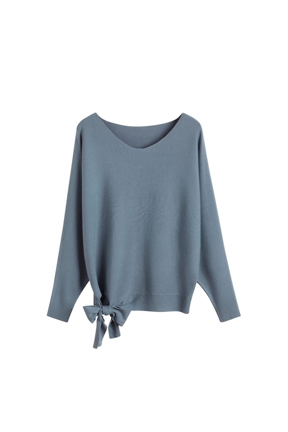 Womens V-Neck Sweater Tops Casual Drawstring Pullover Knitted Sweaters Solid Color Loose Comfy Blouse