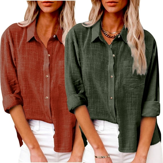 GigrtiJin Womens 2pc Plus Size Cotton Linen Shirts Lapel V-Neck Button down Blouses Casual Long Sleeves Solid Color Tops