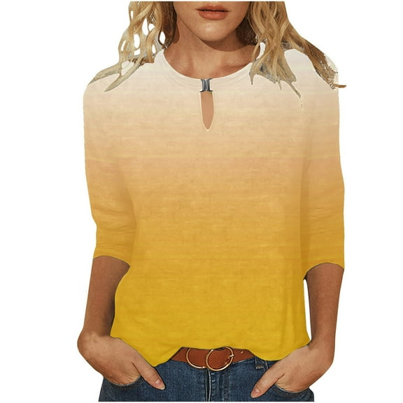 GigrtiJin Womens 3/4 Sleeve Pullover Tops Gradient Color Crew Neck Cut Out Tees Loose Casual Blouse