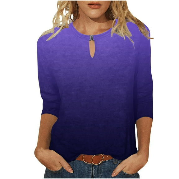GigrtiJin Womens 3/4 Sleeve Pullover Tops Gradient Color Crew Neck Cut Out Tees Loose Casual Blouse