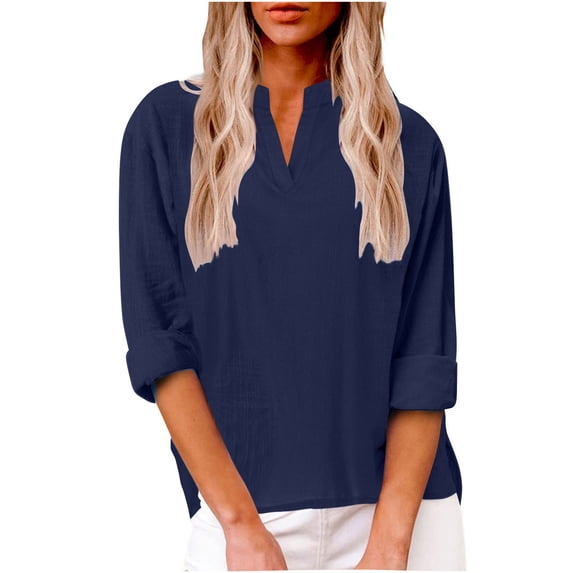 GigrtiJin Womens Blouses Fall V Neck Roll up 3/4 Sleeve Solid Color Tees Tops Going out Casual Trendy Basic Shirts