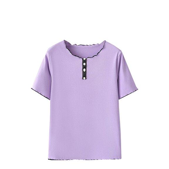 GigrtiJin Womens Button Down Tops Short Sleeve Scallop Trim Crew Neck Cotton Blouse T-Shirt Solid Color Cute Tunic
