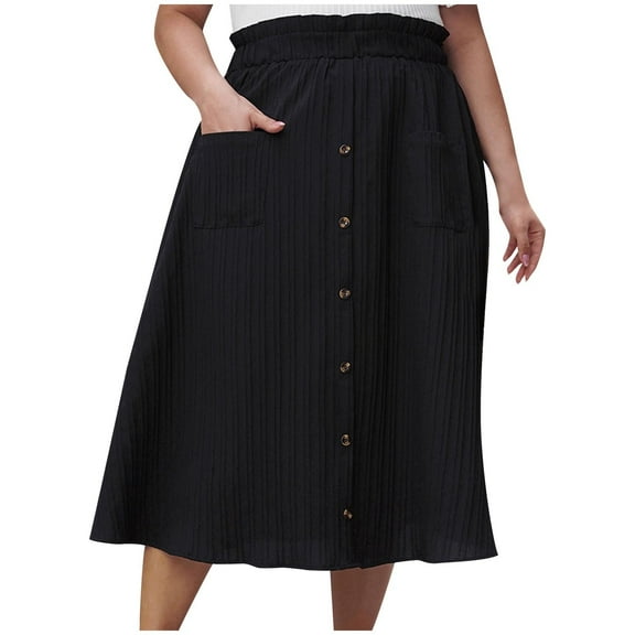 GigrtiJin Womens Button Front a Line Midi Skirt Plus Size Elastic High Waisted Flared Casual Solid Color Skirts