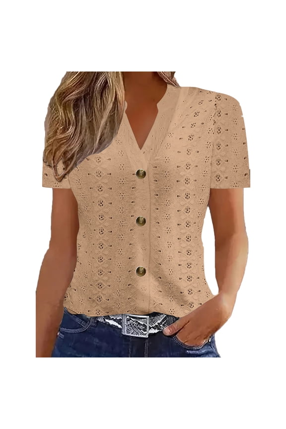 Womens Button Tops Solid Color Short Sleeve V Neck Cut-Out Texture Floral Printed Breathable T-Shirt