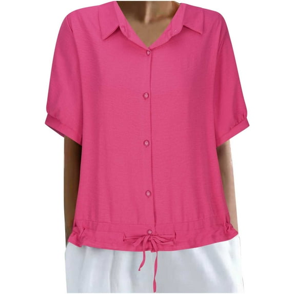 GigrtiJin Womens Button down Lapel Shirt Summer Short Sleeve Loose Casual Work Blouse Lightweight Drawstring Hem Tops