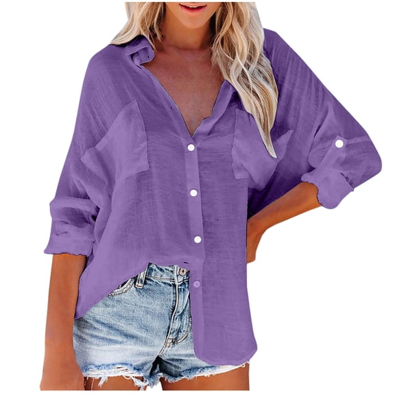 GigrtiJin Womens Button down Shirt Casual Long Sleeve Collar Solid Color Tops Fashion Loose Thin Shirts with Pockets