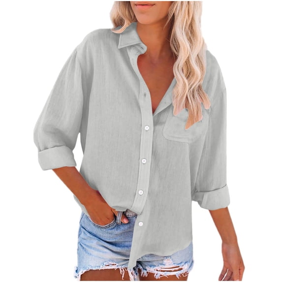 GigrtiJin Womens Button down Shirts Long Sleeve Collar Solid Color Blouse Loose Casual Work Tunic Tops with Pocket