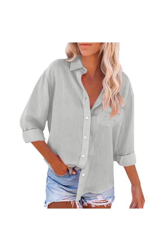 Womens Button down Shirts Long Sleeve Collar Solid Color Blouse Loose Casual Work Tunic Tops with Pocket