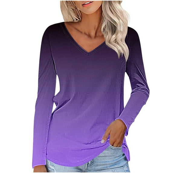 GigrtiJin Womens Casual Blouses Long Sleeve V-Neck Plus Size Gradient Pullover Tops Fashion Casual Basic Shirts