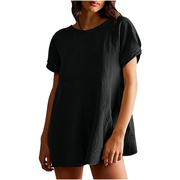 GigrtiJin Womens Casual Blouses Trendy Short Sleeve Crew Neck Tunic Top Fashion Solid Color Loose Pullover Shirts
