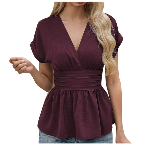 GigrtiJin Womens Casual Business Dressy Tops Short Sleeve V-Neck Wrap Belted Ruffle Solid Color Blouse Shirt