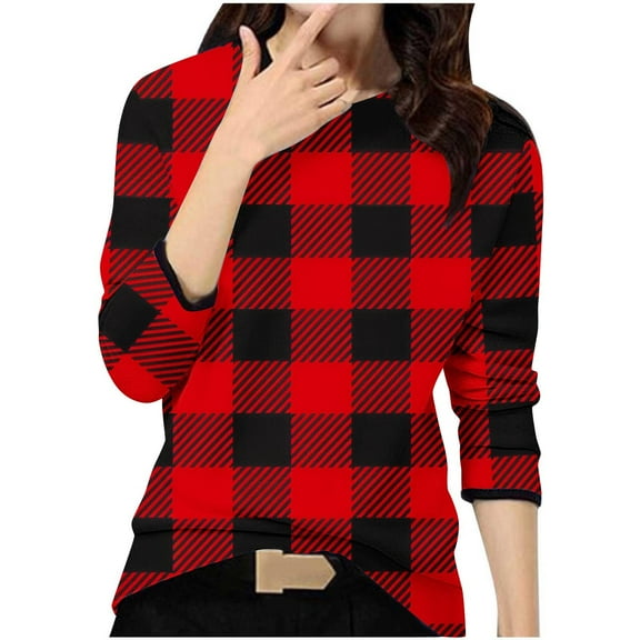 GigrtiJin Womens Casual Plaid Printed Tops Long Sleeves Round Neck Fashion Loose T-Shirt Comfy Pullover Basic Blouse
