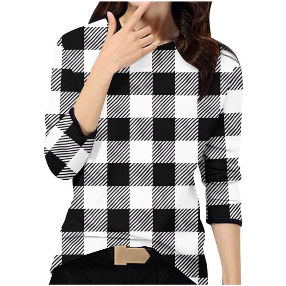 GigrtiJin Womens Casual Plaid Printed Tops Long Sleeves Round Neck Fashion Loose T-Shirt Comfy Pullover Basic Blouse