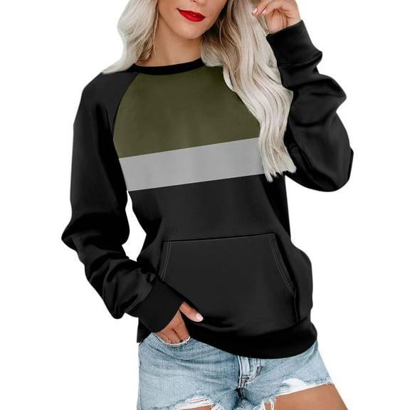 GigrtiJin Womens Casual Sweatshirts Fall Round Neck Color Block Tops Long Sleeves Loose Blouses with Pocket
