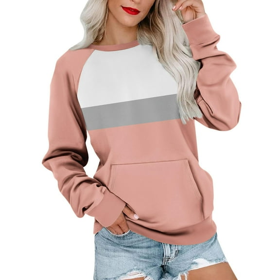 GigrtiJin Womens Casual Sweatshirts Fall Round Neck Color Block Tops Long Sleeves Loose Blouses with Pocket
