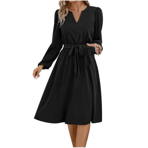 GigrtiJin Womens Casual Swing Midi Dress Fall Long Sleeve V Neck Pleated Flowy Belted Dress A-Line Party Dresses