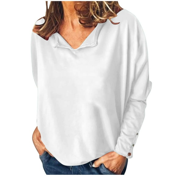 GigrtiJin Womens Casual V-Neck Sweatshirts Long Sleeves Button Solid Color Tops Fashion Comfy Loose Blouses
