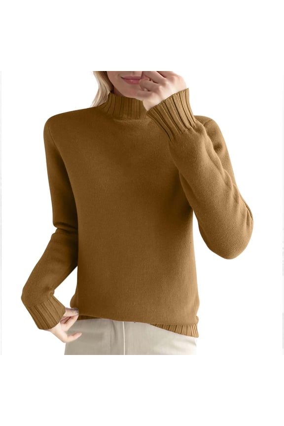 Womens Casual Wool Knitted Sweater Mock Neck Long Sleeved Thick Velvet Solid Color Pullover Sweaters Tops