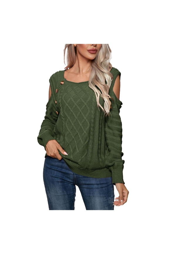 Womens Cold Shoulder Long Sleeve Sweaters Casual Crew Neck Fall Winter Loose Solid Color Knitted Pullover Tops