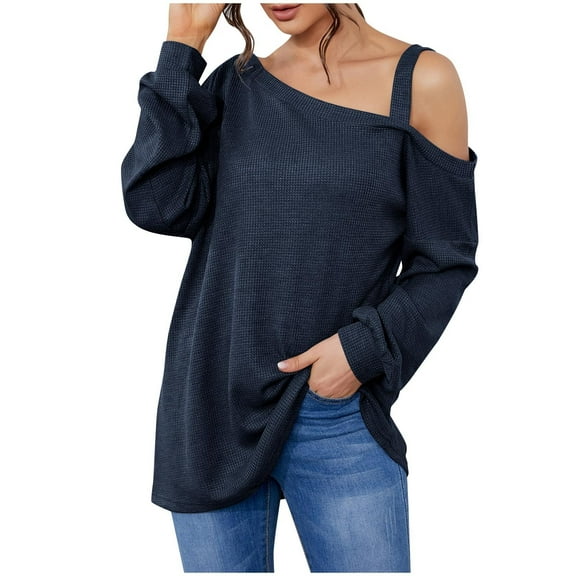 GigrtiJin Womens Cold Shoulder Tops Casual Solid Color Long Sleeve T-Shirts Trendy Loose Comfy Going out Blouse