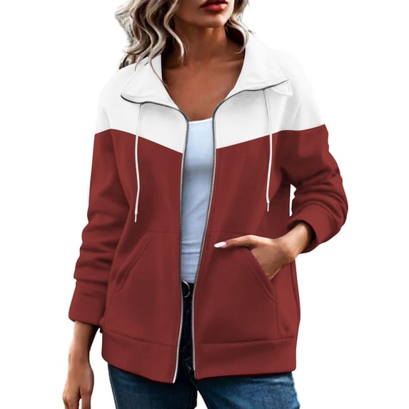 GigrtiJin Womens Color Block Jacket Long Sleeve Collared Jacket Fall Trendy Casual Baggy Zip up Jacket with Pockets