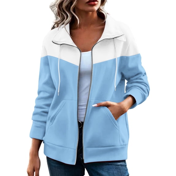 GigrtiJin Womens Color Block Jacket Long Sleeve Collared Jacket Fall Trendy Casual Baggy Zip up Jacket with Pockets