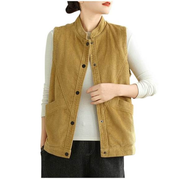 GigrtiJin Womens Corduroy Outerwear Vest Loose Stand Collar Button down Casual Sleeveless Jackets Waistcoat with Pockets