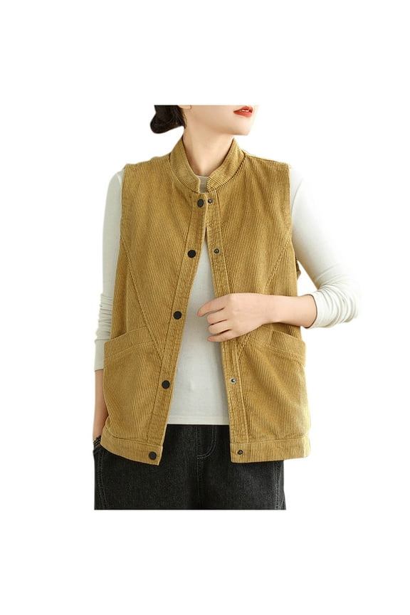 Womens Corduroy Outerwear Vest Loose Stand Collar Button down Casual Sleeveless Jackets Waistcoat with Pockets