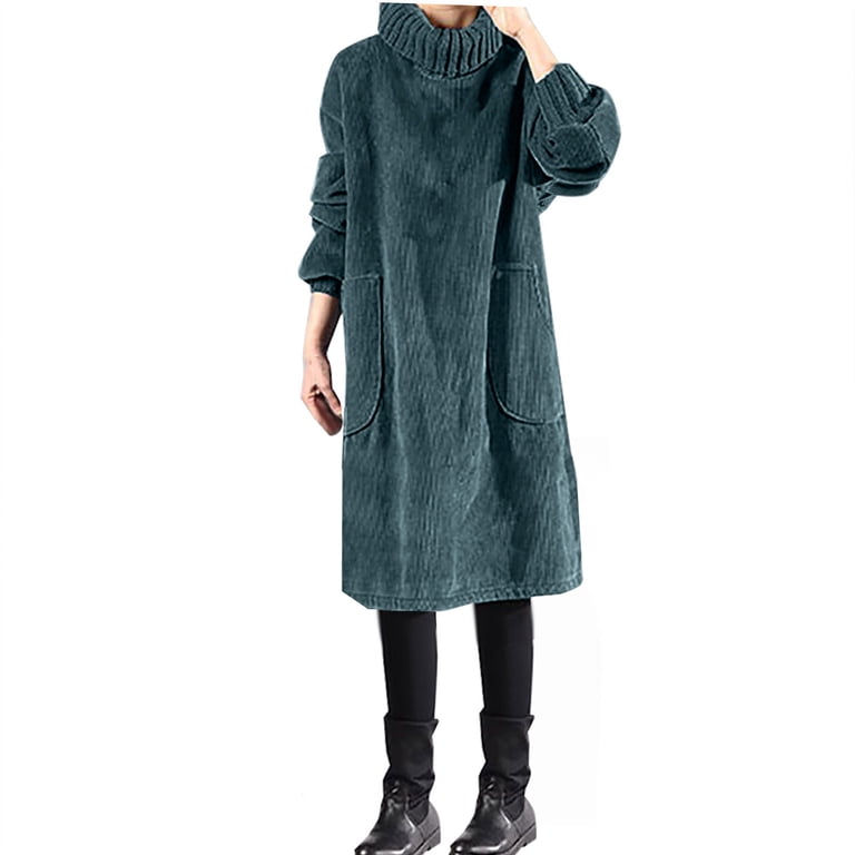 knee length dresses for ladies Corduroy Dress for Women, Ladies Winter Long Dress, Long Sleeve Thick Casual Dress S / Green main image 1