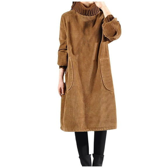 GigrtiJin Womens Corduroy Turtleneck Long Sleeve Dress Plus Size Fall Winter Casual Loose Solid Color Midi Dresses
