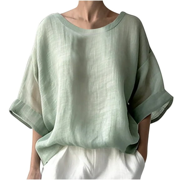 GigrtiJin Womens Cotton Tops Plus Size Round Neck 3/4 Sleeves Solid Color Shirt Fashion Loose Basic Tunic Tops