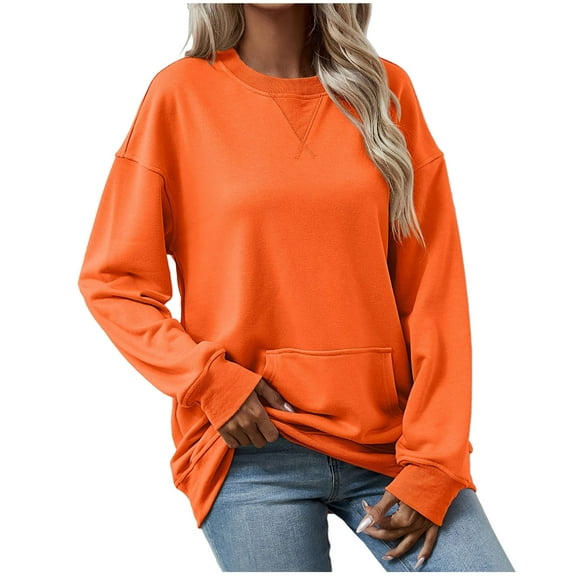 GigrtiJin Womens Crewneck Sweatshirt Long Sleeves Solid Color Loose Blouses Casual Fashion Tunic Tops with Pocket