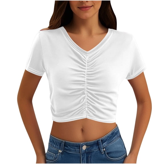 GigrtiJin Womens Crop Tops Casual Pleated V Neck Short Sleeve Solid Color Blouse T-Shirt Trendy Slim Shirt