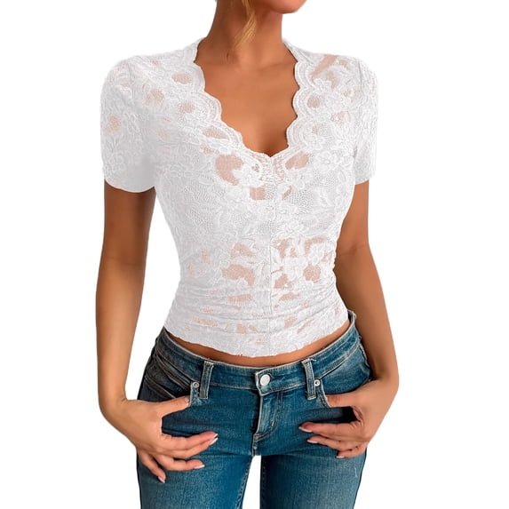 GigrtiJin Womens Crop Tops Short Sleeve Wave Deep V Neck Floral Embroidery Mesh Lace Blouse T-Shirt